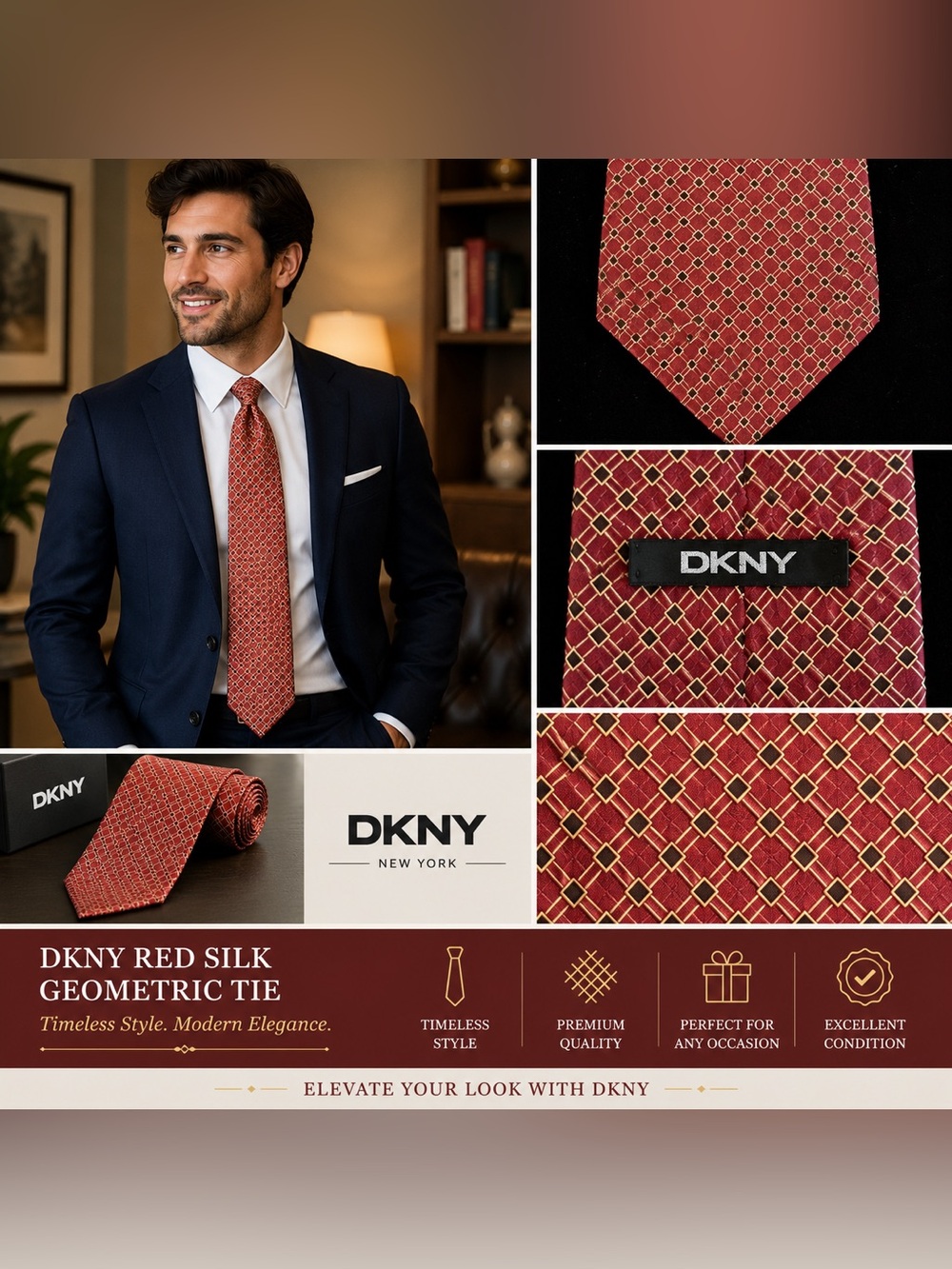 Dkny Red Silk Geometric Tie